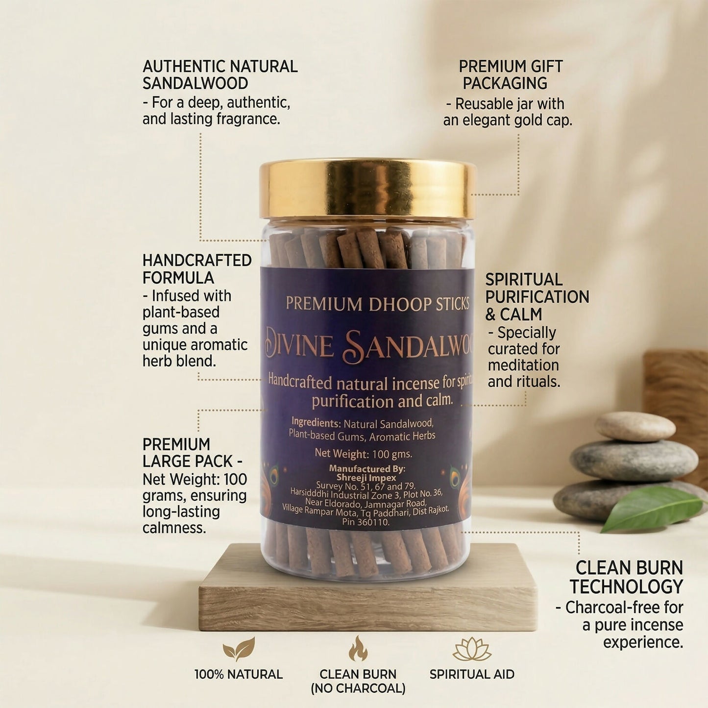 Divine Sandalwood Premium Dhoop Sticks Natural Incense Sticks for Spiritual Purification Long Lasting Aroma (100Gm)