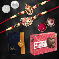 Traditional Rakhi Combo Gift Set for Brother with Designer Peacock & Ganesha Rakhis, Choco Beats, Tilak & Coin