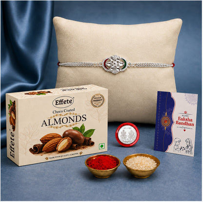 DeoDap Rakhi Combo for Brother with Chocolate Almond (32-GM)Rakhi Set | Silver Gift Box