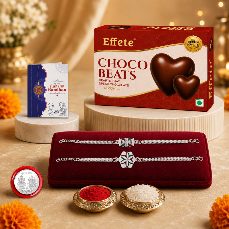 Rakhi gift for brother with Choco Beats(32-GM) | Rakhi set | Silver Plated Gift Box