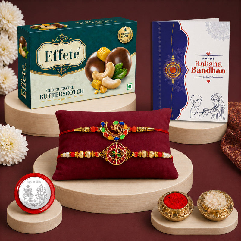DeoDap Designer Rakhi Combo Gift Set for Brother | Butterscotch 32Gm | Chocolate