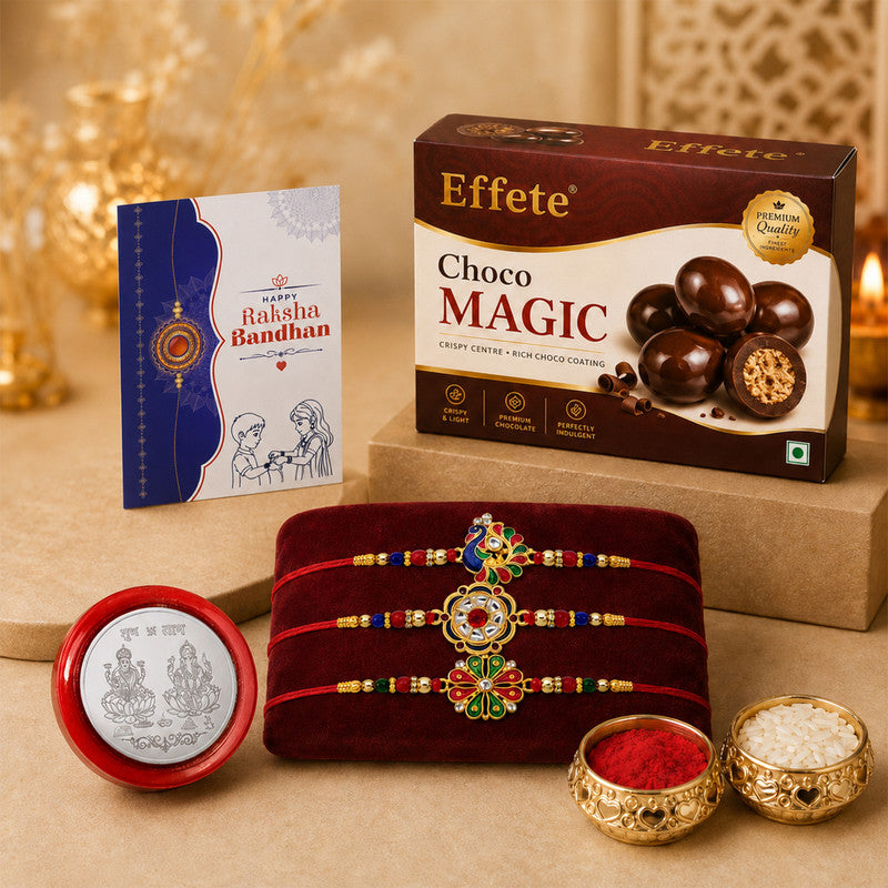 Designer Rakhi Combo for Brother with Choco Magic(32-GM)Rakhi Set | Assorted Rakhi Set
