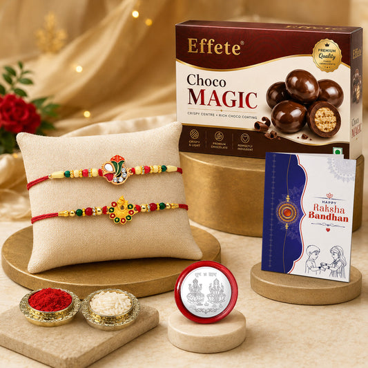 Designer Rakhi Combo for Brother with Choco Magic(32-GM)Rakhi Set of 2 | Assorted Rakhi