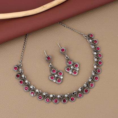Antique Silver-Toned Choker Set with Fuchsia Pink Stones