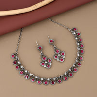 Antique Silver-Toned Choker Set with Fuchsia Pink Stones