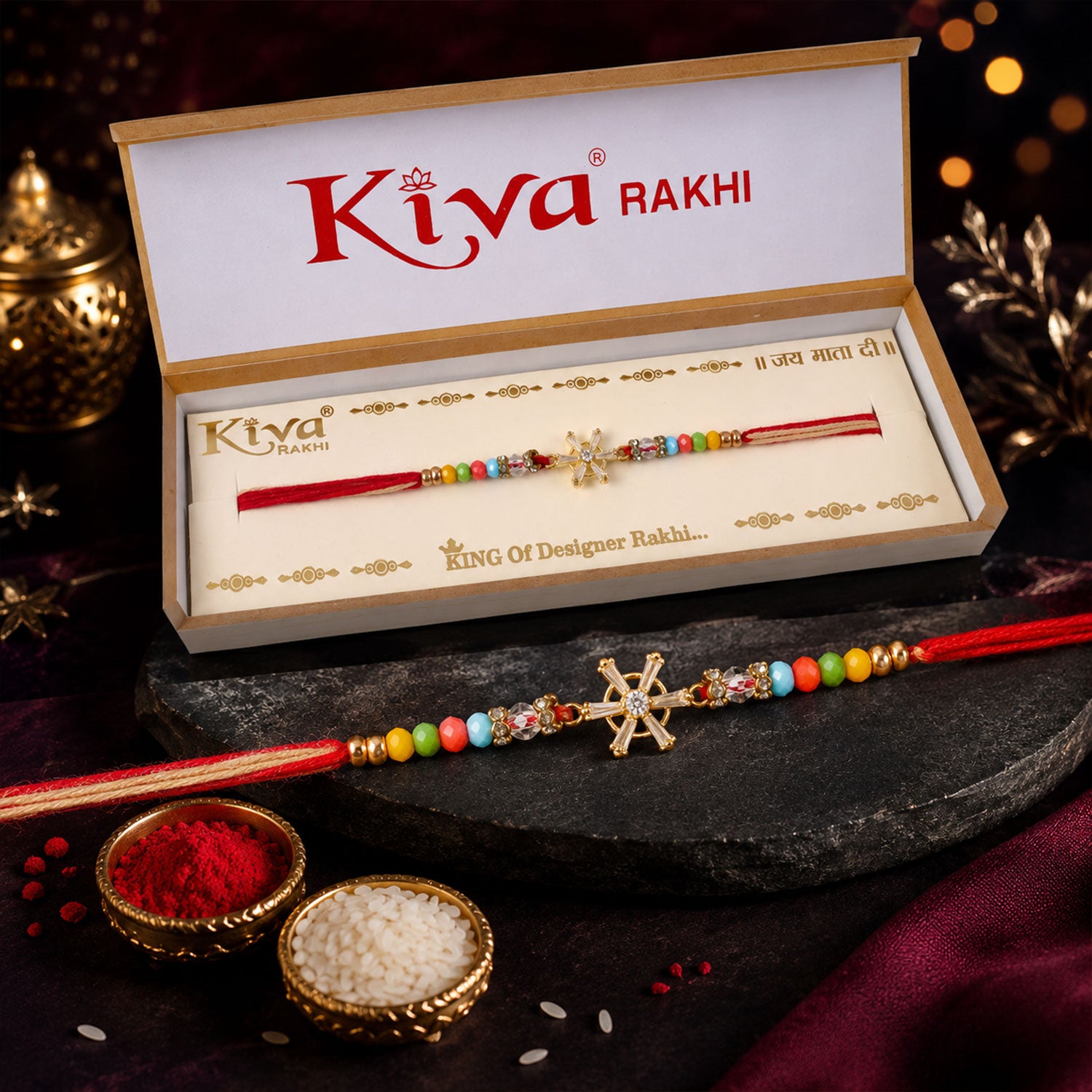 Snowflake AD Stone Designer Rakhi for Brother, Multicolour Beads Gift