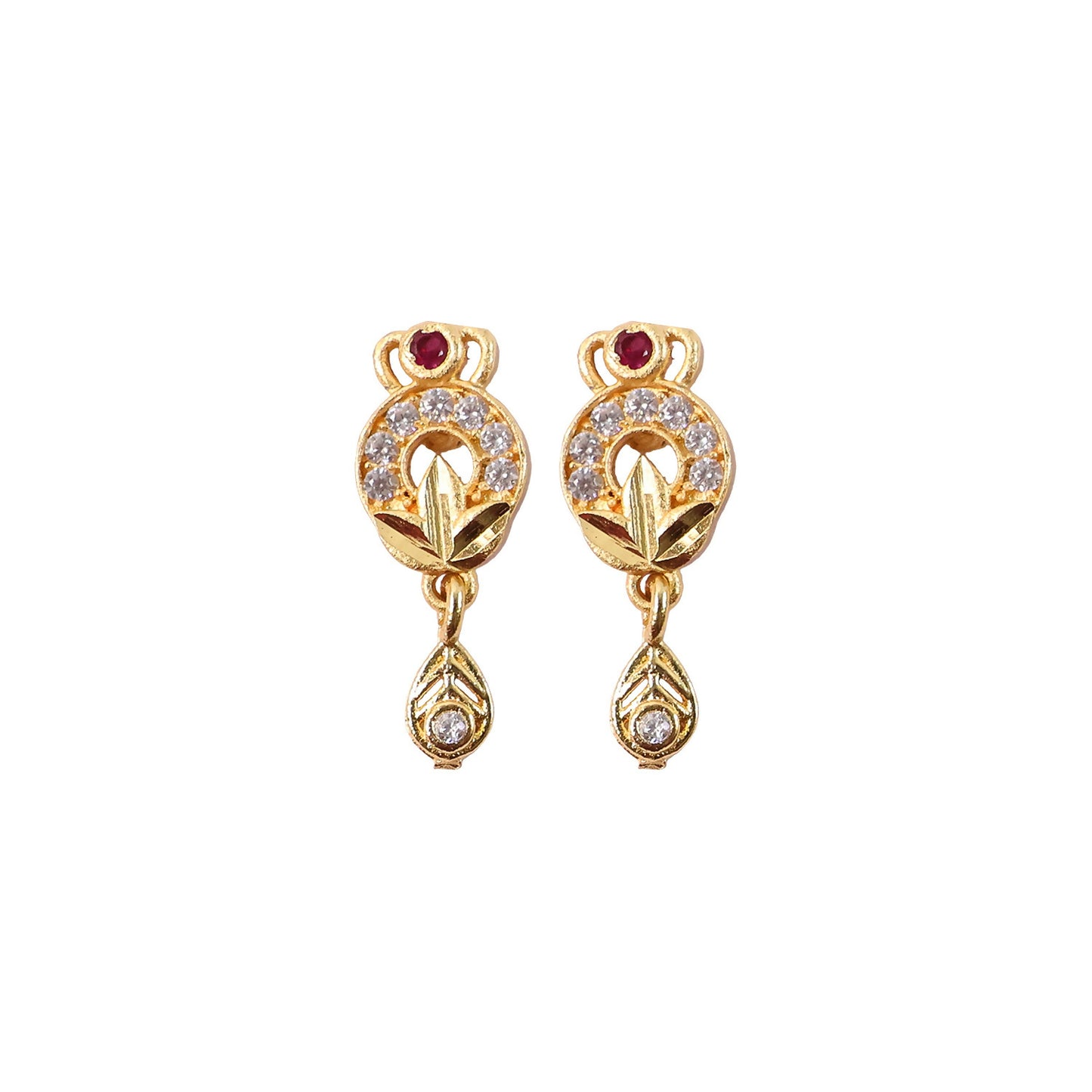 Gold earrings highlighting floral top and dangling stone accents