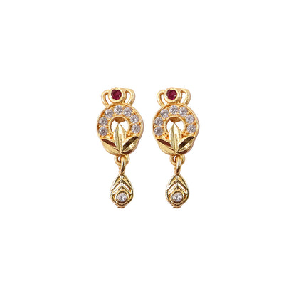 Gold earrings highlighting floral top and dangling stone accents