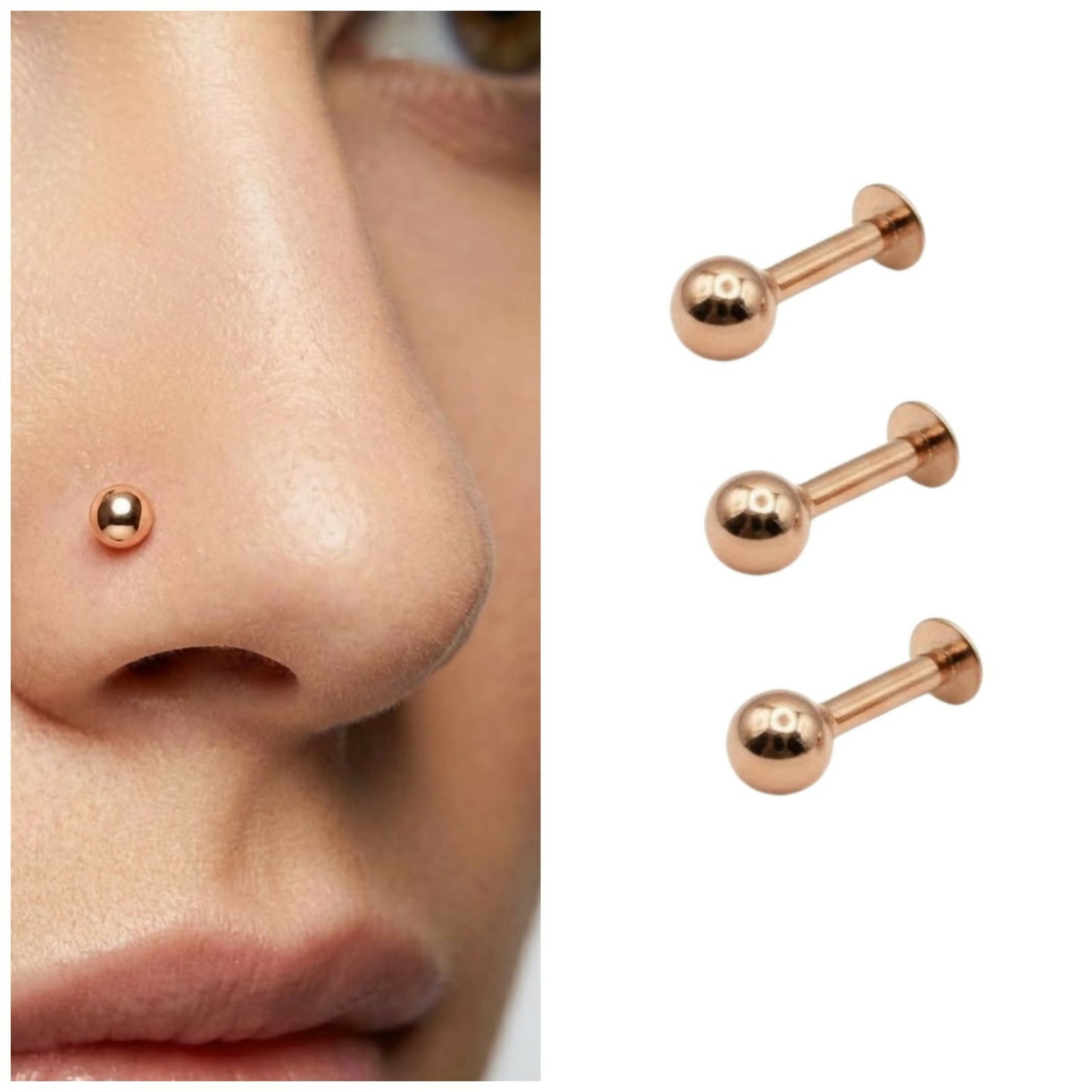 Rose Gold Flat Back Labret Stud nosepin Laung Koka Nathni combo pack of 2