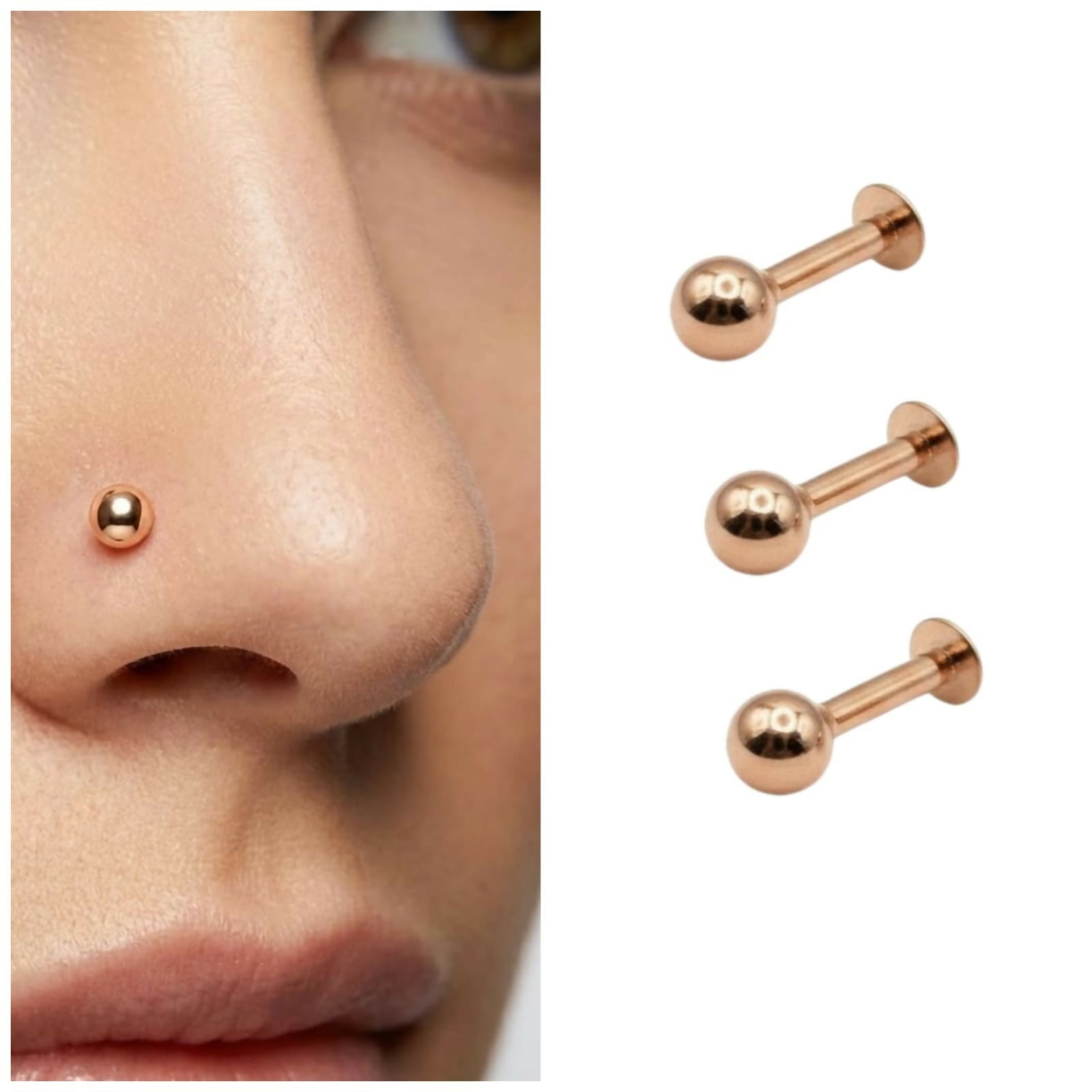 Rose Gold Flat Back Labret Stud nosepin Laung Koka Nathni combo pack of 2