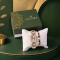 Rose Gold Watch with Square Shape Dial Bracelet Design and Black Stone Details