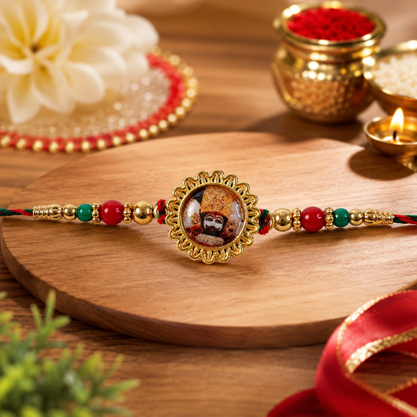Khatu Shyam Ji Pendant Rakhi with Red and Green Beads