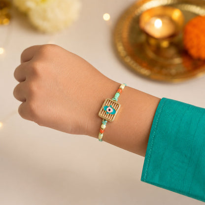 Evil Eye Square Charm Rakhi with Turquoise Beads and Modern Festive Gift Style Ideas