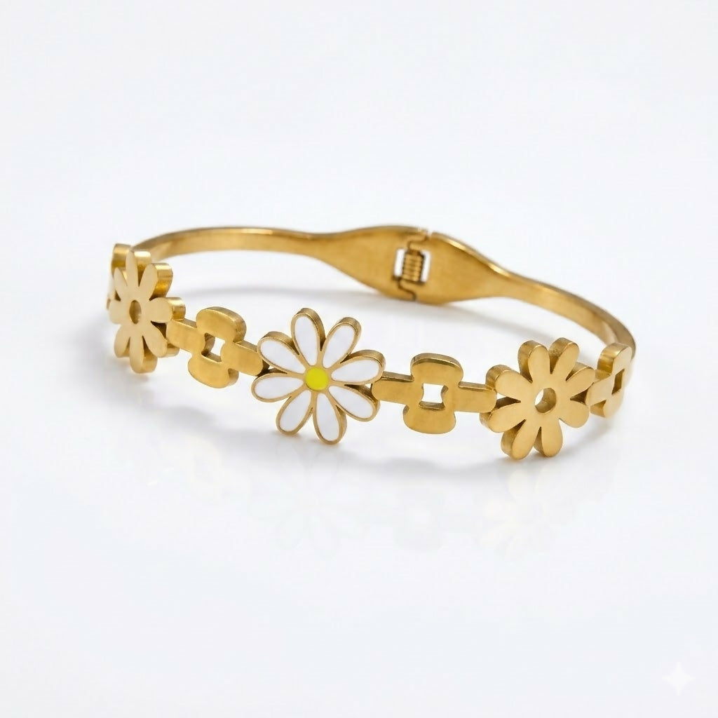 Side view of linked flower segments on kada bracelet
