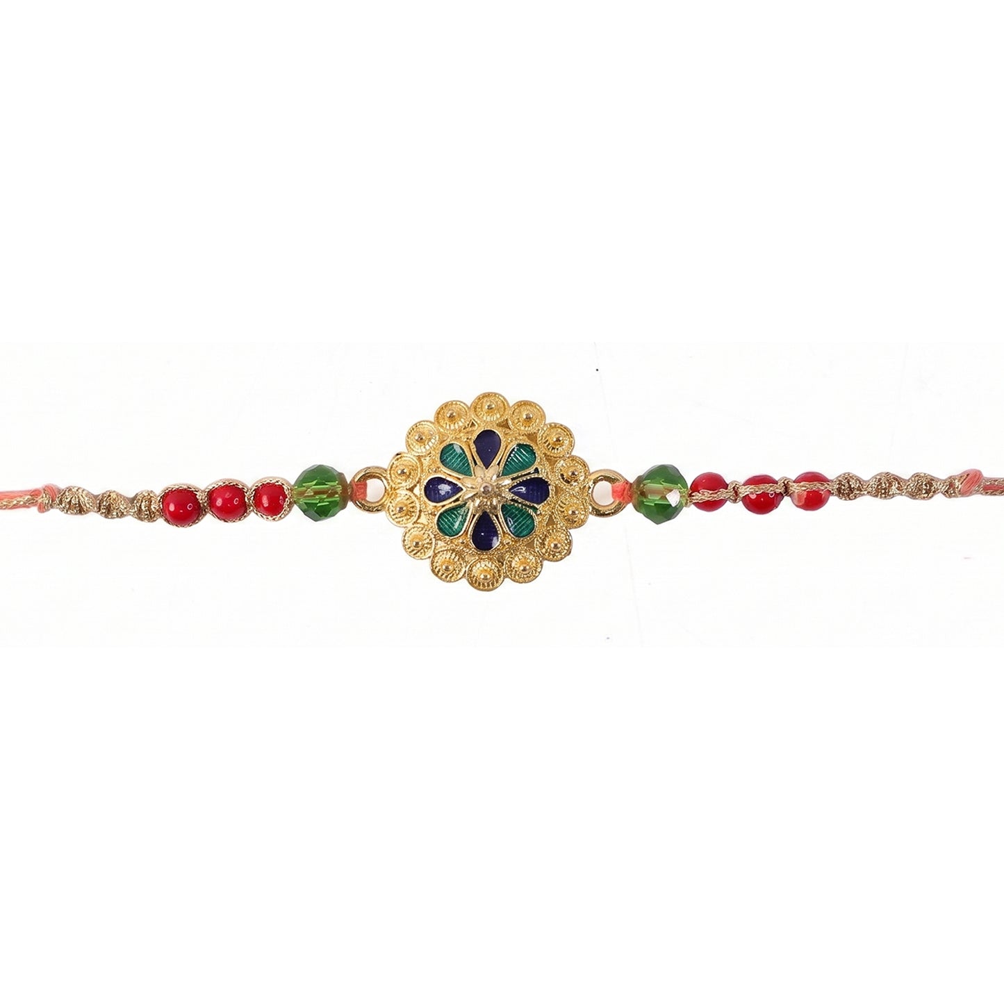 Gold Blue Flower Rakhi with Green Beads and Red Pearl Accents