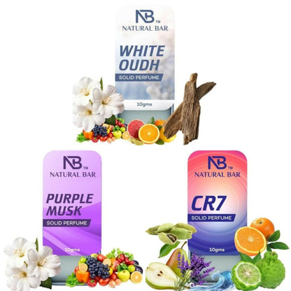 Natural Bar Cr7, White Oud And Purple Musk solid perfume (3pc/10gm)| Alcohol Free Cologne for Men & Women | Strong & Lasting Fragrance | Gifting Set for Him & Her