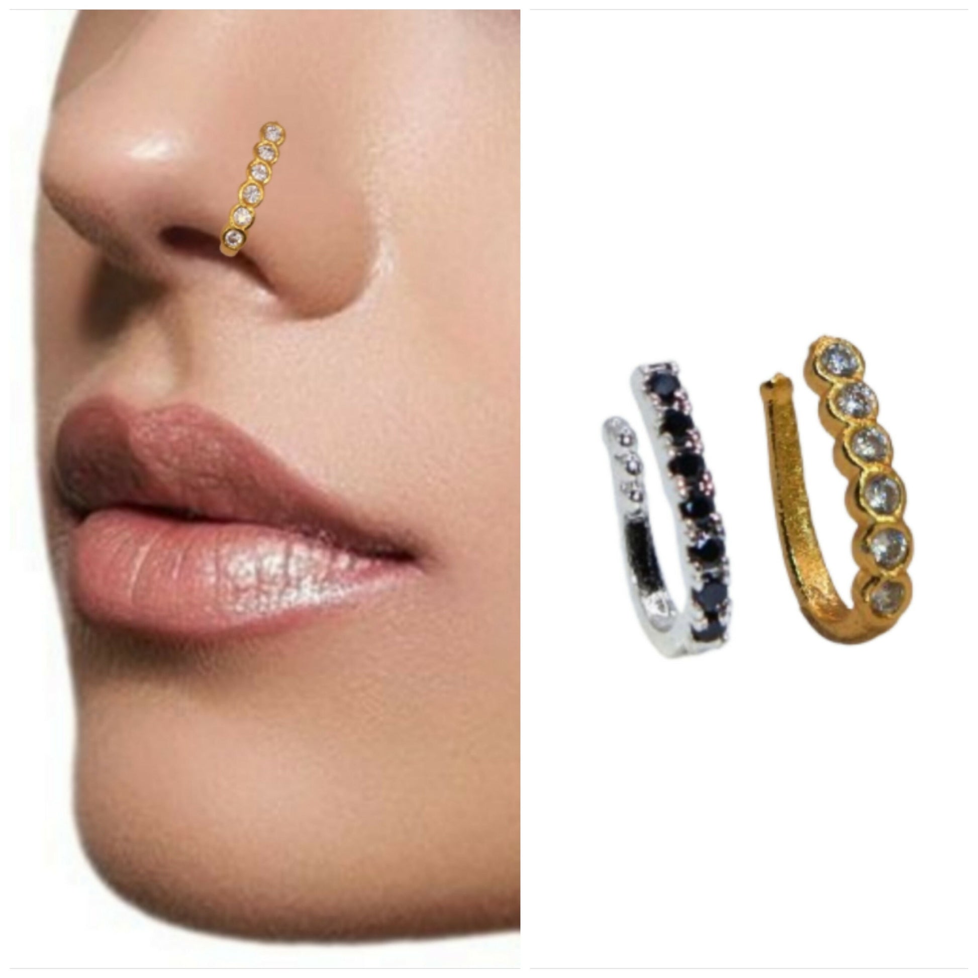 Gold tone clip-on nose pin set with black stones on white background