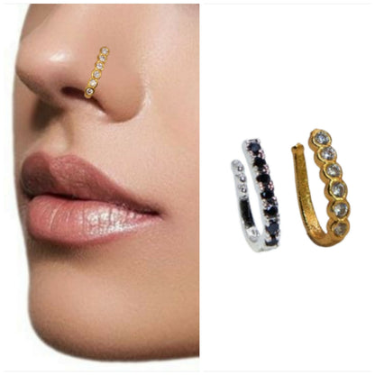Gold tone clip-on nose pin set with black stones on white background