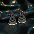 Chandbali Earrings – Antique Silver Finish with Ruby & Green Stones