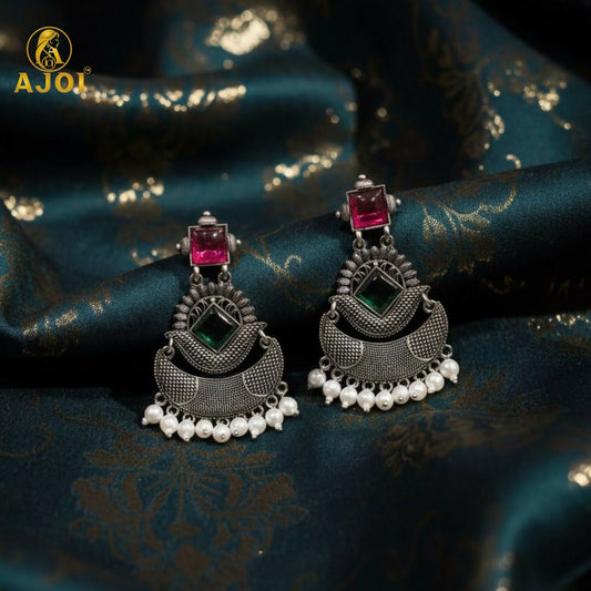 Antique Silver-Finish Chandbali Earrings with Green & Ruby-Tone Stones and Pearl Drops