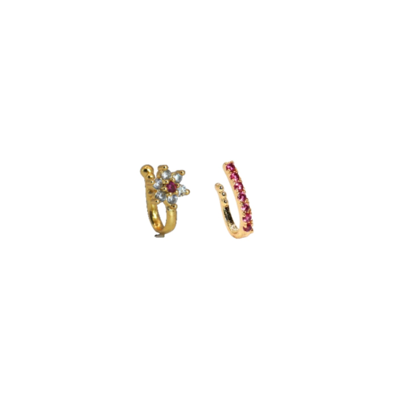 Close-up view of gold-tone floral clip-on non-pierced nose ring