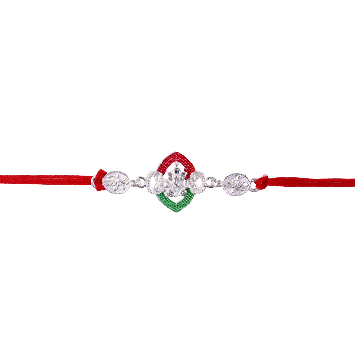 Silver Green Floral Rakhi with Red Thread and White Side Charms