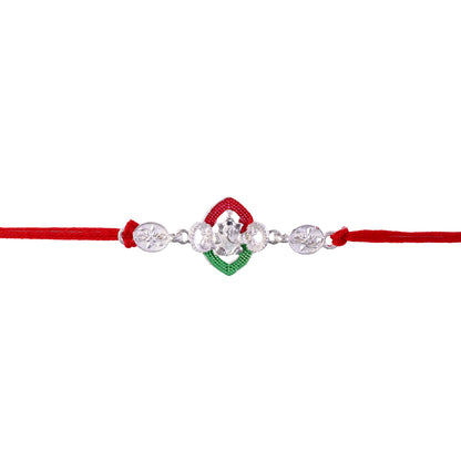 Silver Green Floral Rakhi with Red Thread and White Side Charms