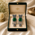 Oxidised Silver Tone Green Stone Butterfly Jhumka Earrings with Hanging Bead Charms