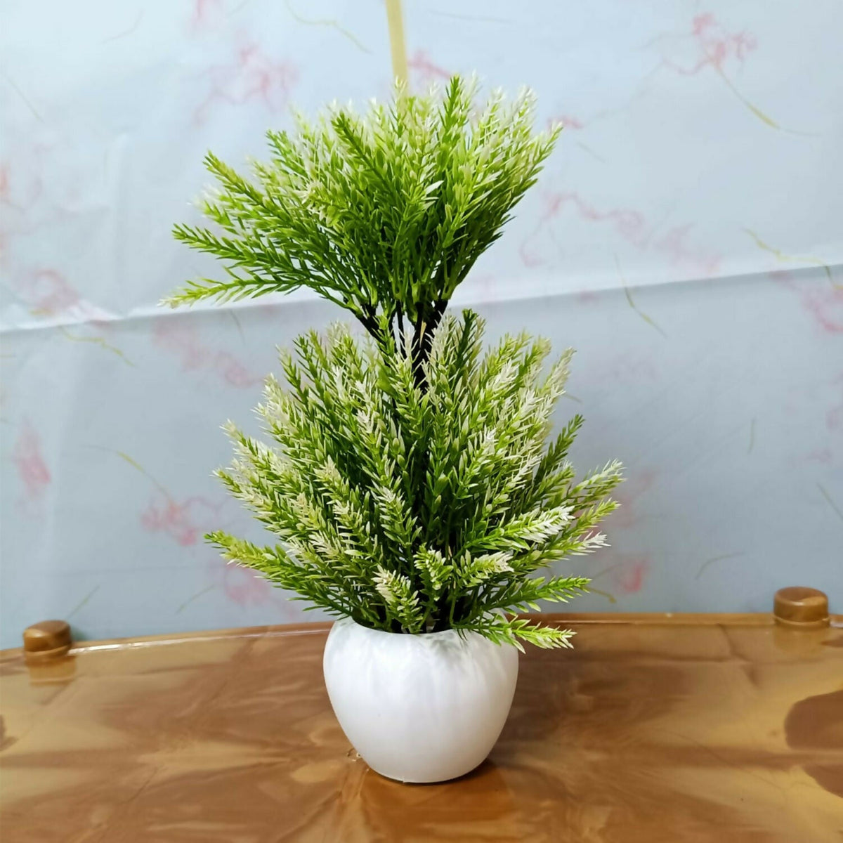 Artificial Mini Pine Plant Decorative White Pot Home Office Table Centerpiece Decor