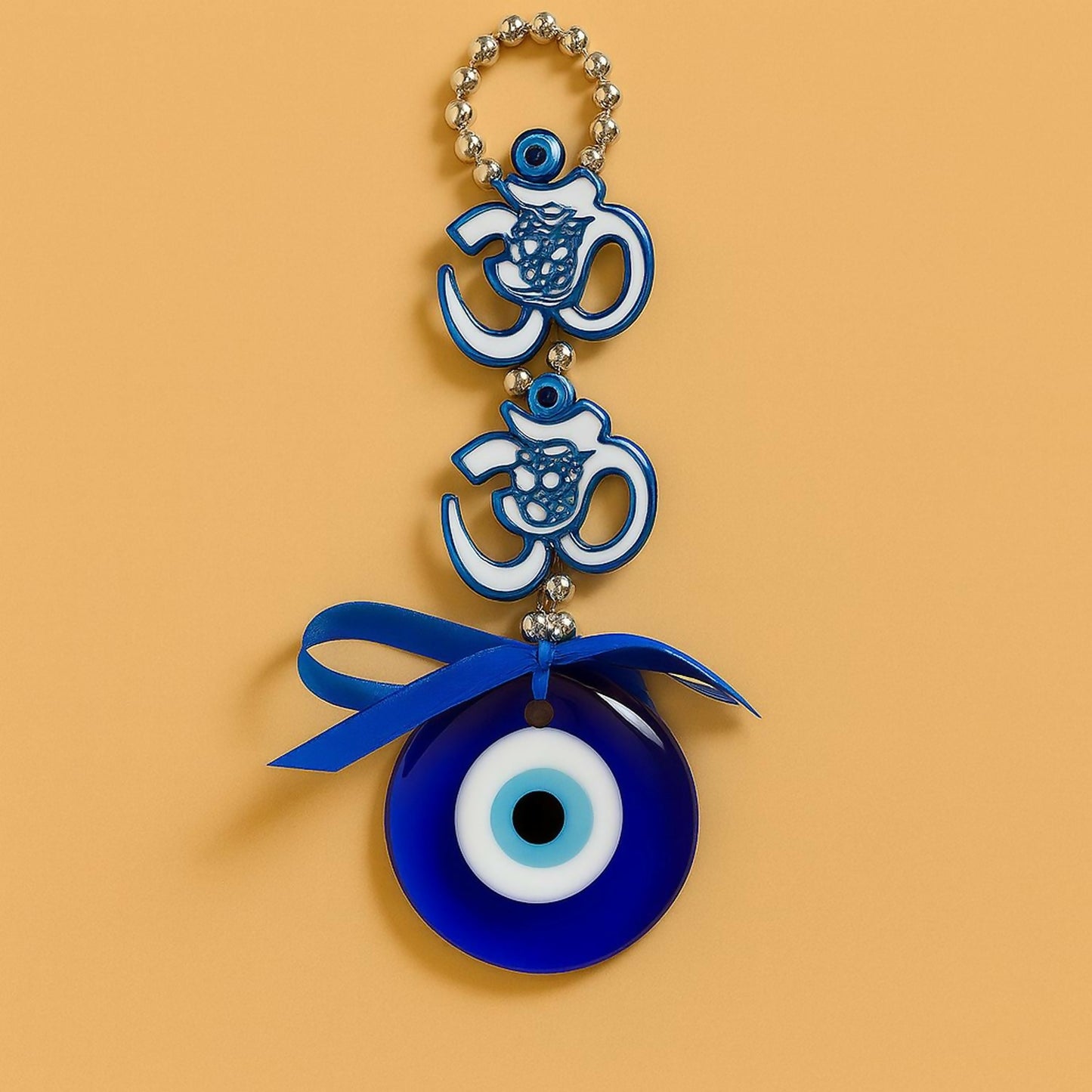 Spiritual Evil Eye Wall Hanging with Om Symbol and Blue Nazar Protection Charm | Decorative Home & Office Wall Hanging with Beads & Ribbon Bow | Vastu & Feng Shui Good Luck Gift Item