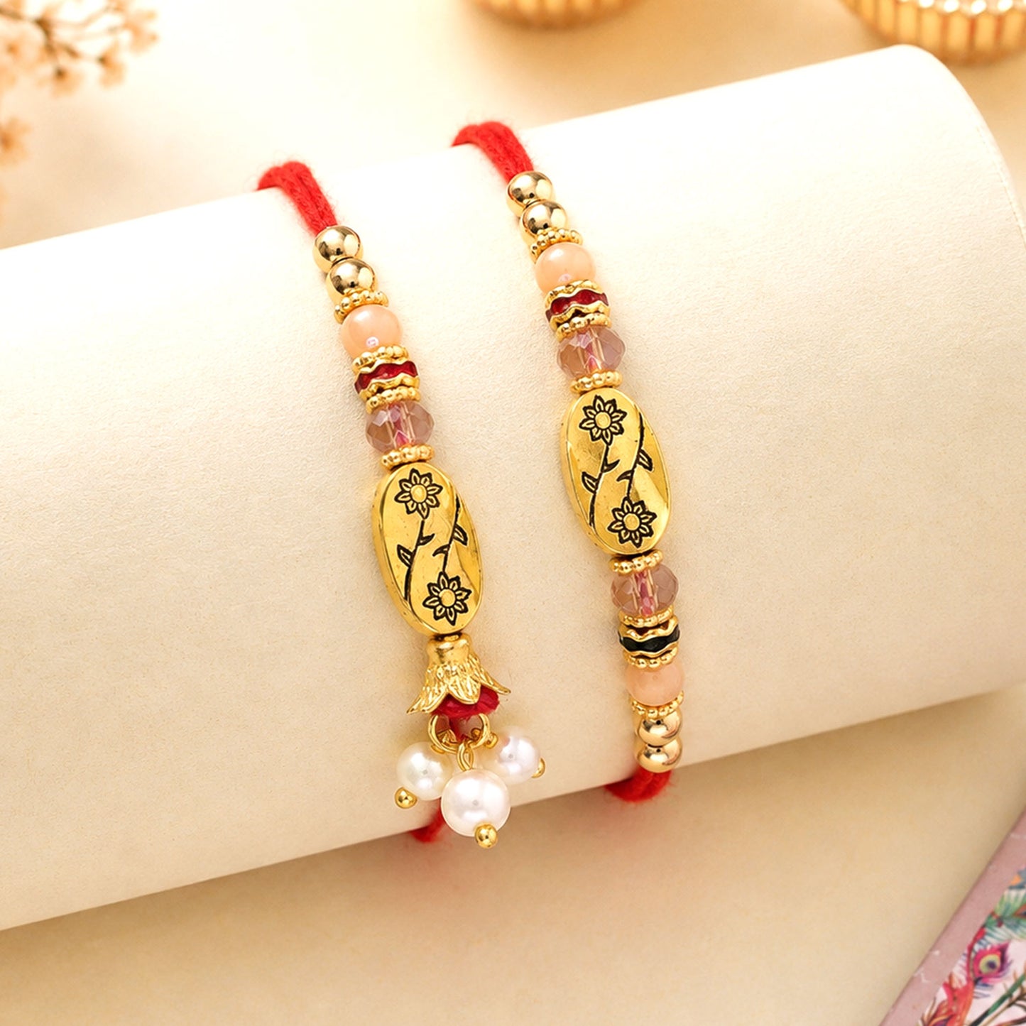 Circular Medallion Bhai Bhabhi Rakhi with Oval Medallion and Floral Tassel for Gift