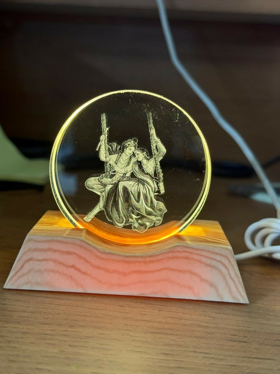 Radha Krishna Engraved Acrylic LED Night Lamp with Wooden Base for Home Decor