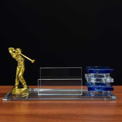 Elegant Golf-Themed Acrylic Pen Stand and Visiting Card Holder Set with Blue Crystal Base and Golden Golfer Figurine – Premium Office Desk Organizer and Corporate Gift for Professionals
