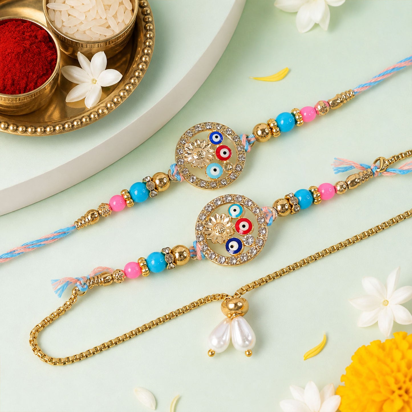 Two colorful Rakhi bracelets with evil eye beads and a gold lumba, on a light green surface with white flowers.