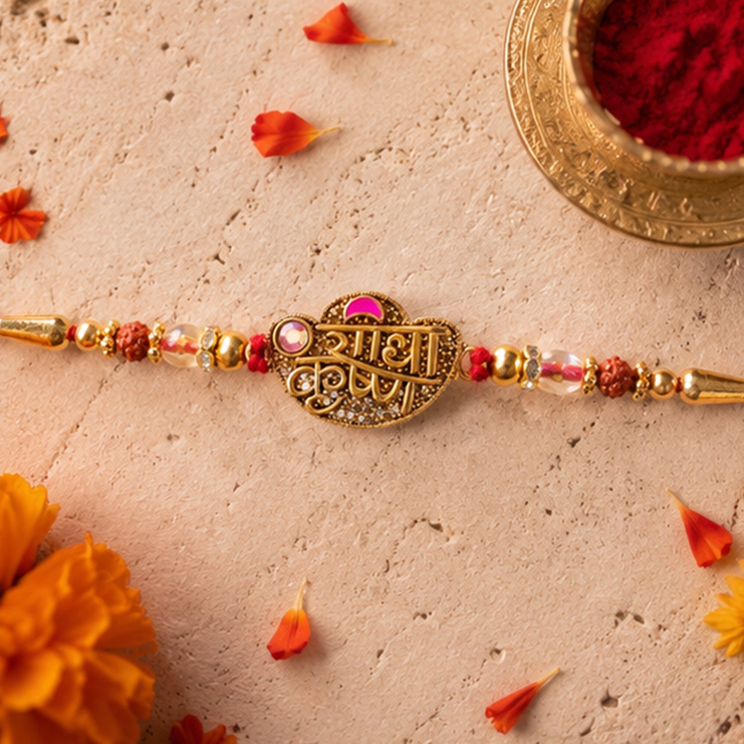 Radha Krishna Script Pendant Rakhi with Pink Kundan Beads