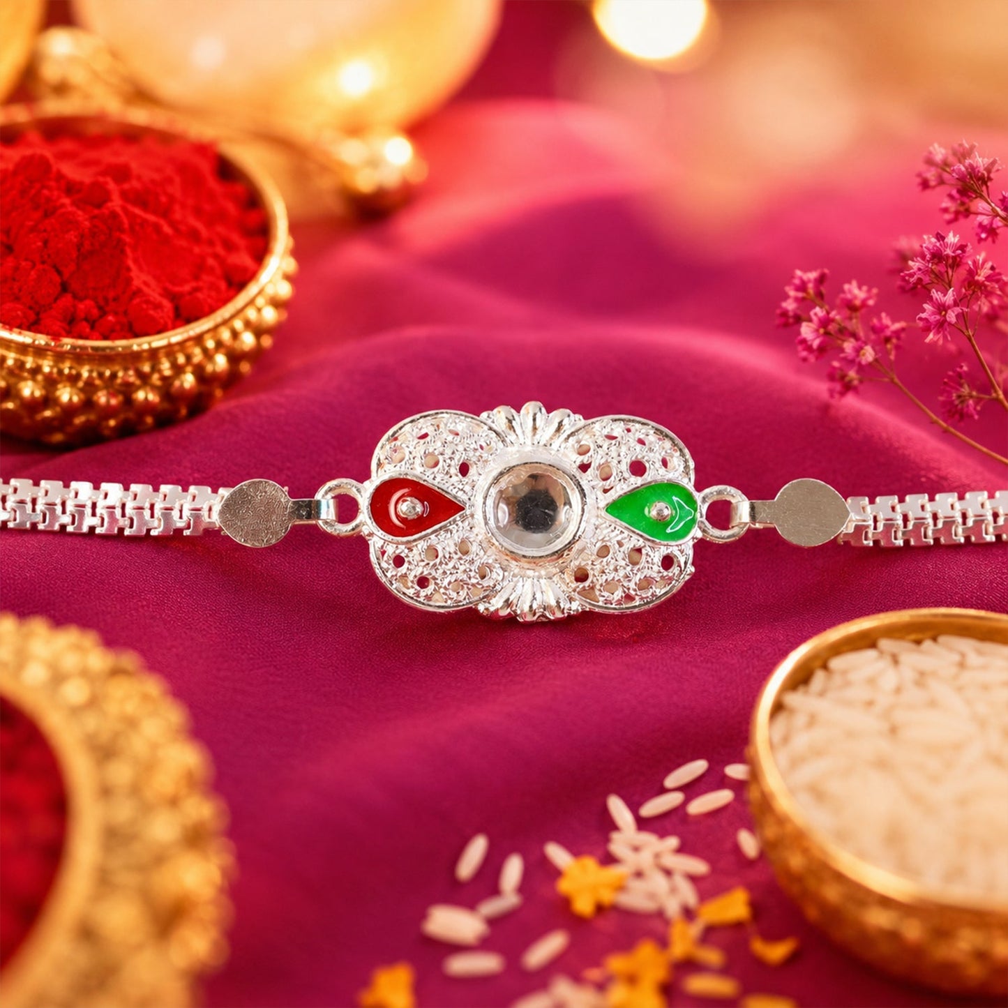 Silver Rakhi Enamel Mirror Stone Design for Brother (5pcs)