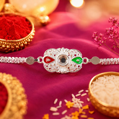 Silver Rakhi Enamel Mirror Stone Design for Brother (5pcs)