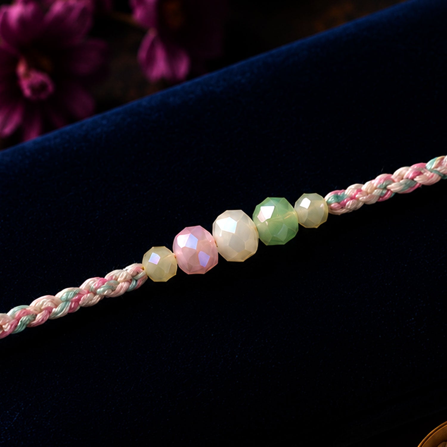 Pastel Pearl Bracelet Rakhi with Soft Pink Green Beads and Delicate Designer Beauty