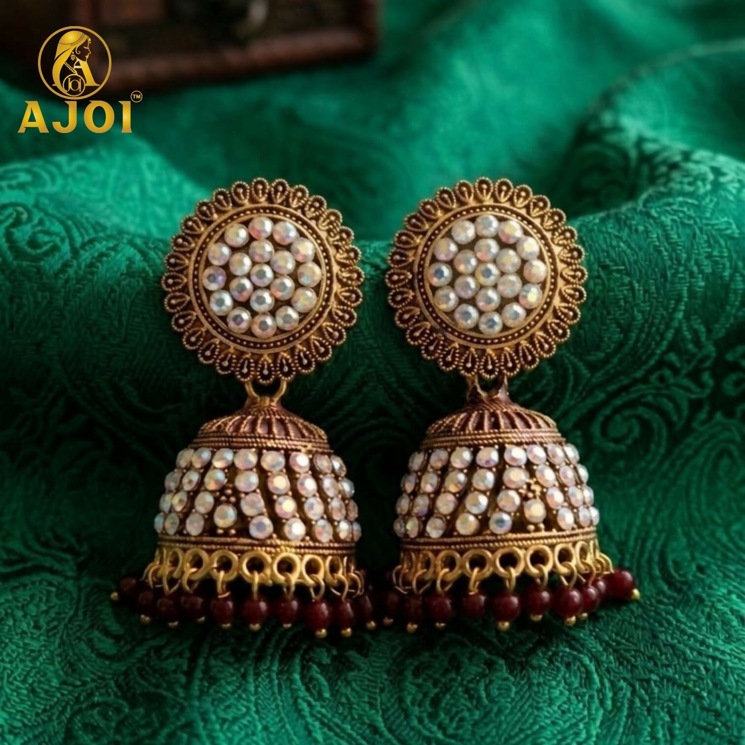 Antique Gold Pearl Jhumka Earrings with Maroon Ethnic Design