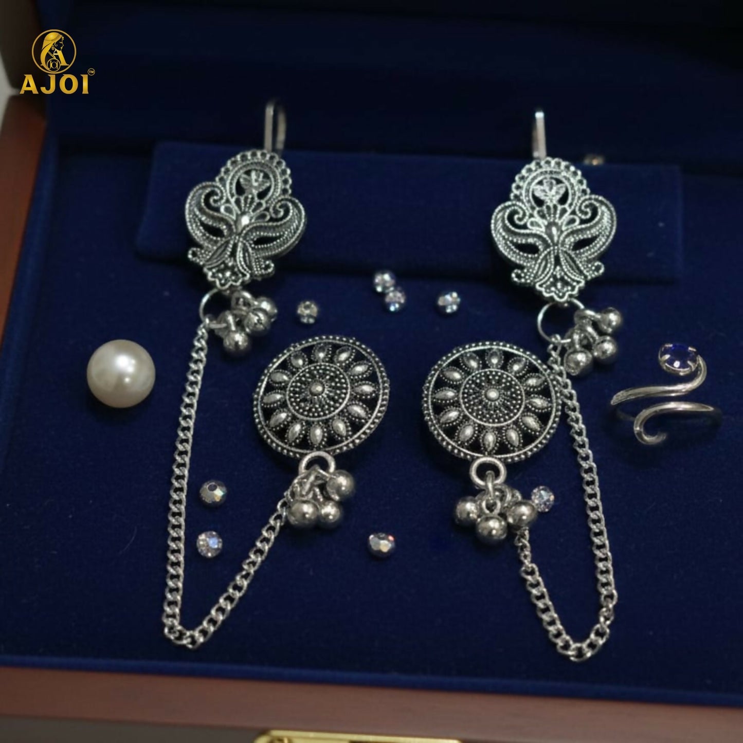 Oxidized Silver Ethnic Chain Drop Earrings with floral mandala design