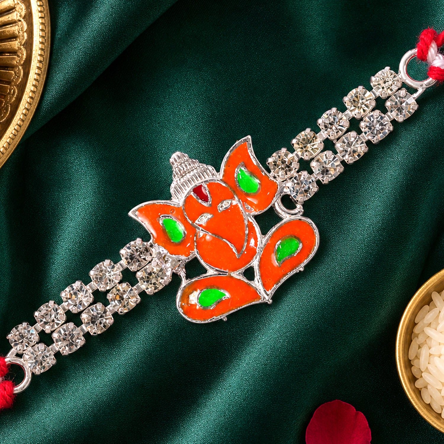 Silver-Toned Lord Ganesha Rakhi with Orange-Green Enamel, Double Crystal Chain & Red Thread