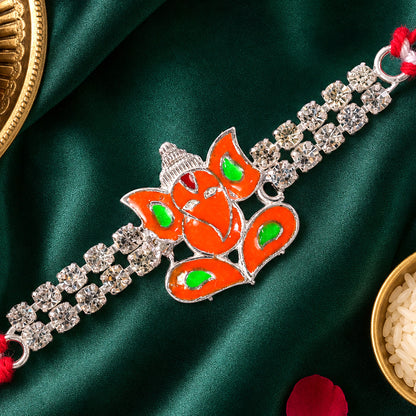 Silver-Toned Lord Ganesha Rakhi with Orange-Green Enamel, Double Crystal Chain & Red Thread