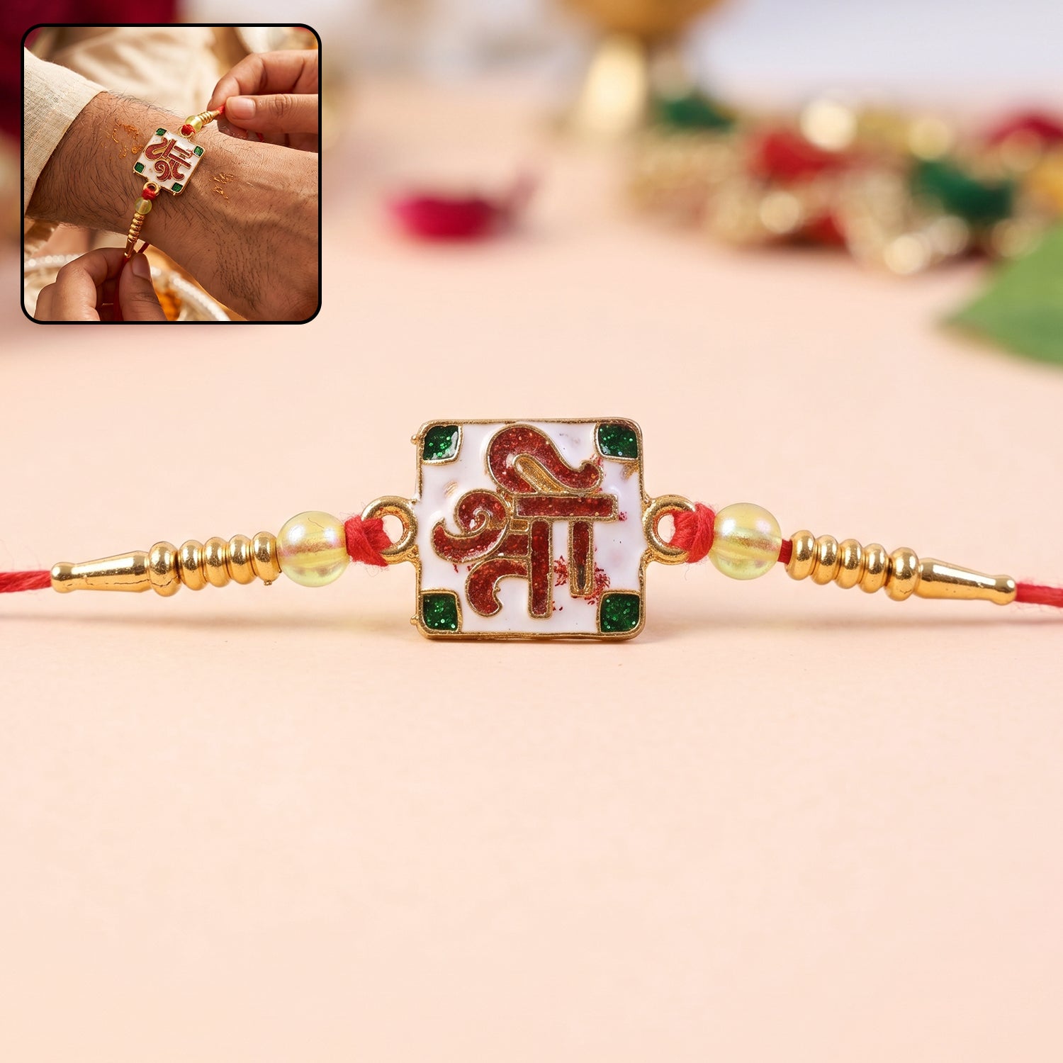 Shree Symbol Square Rakhi with Green Stones and Gold Beads