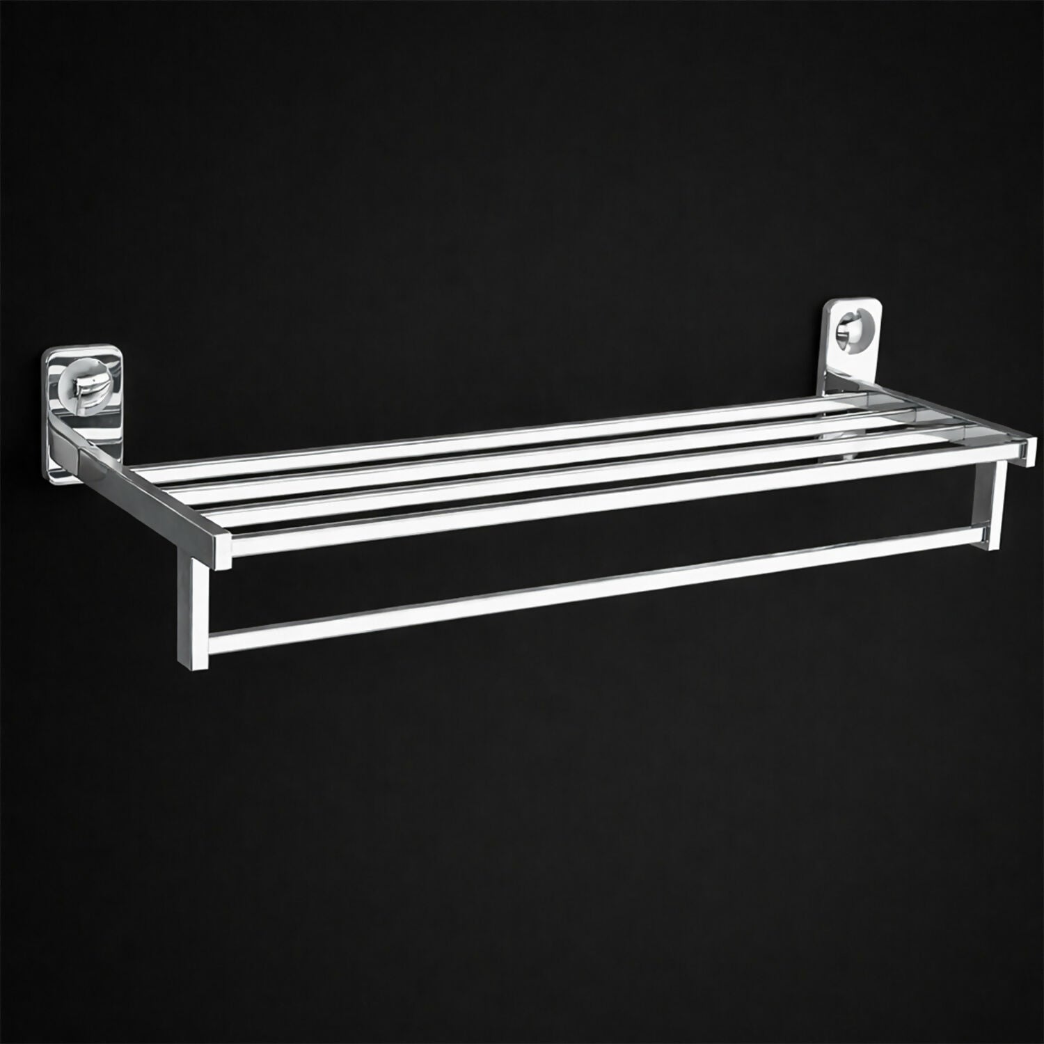 Towel rack installed on bathroom wall with folded towels view 4