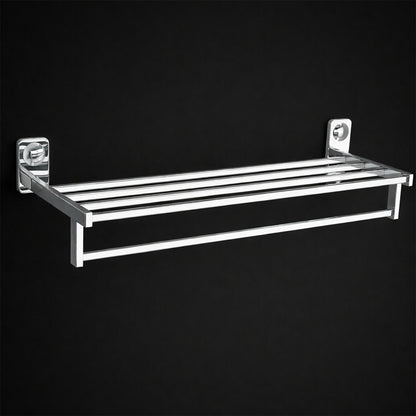 Towel rack installed on bathroom wall with folded towels view 4