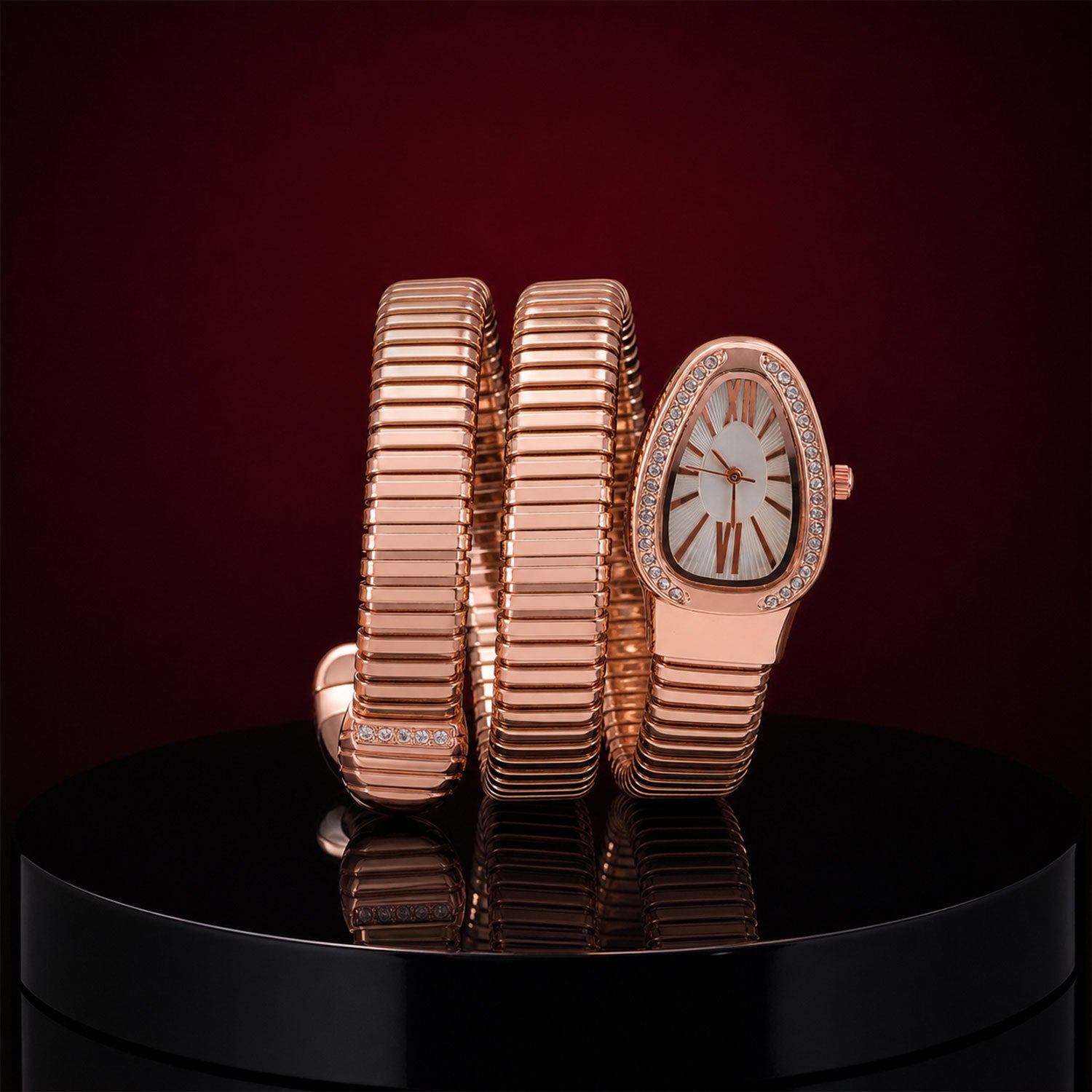 Rose Gold Snake Chain Bracelet Watch with Oval Dial Crystal Border for Women
