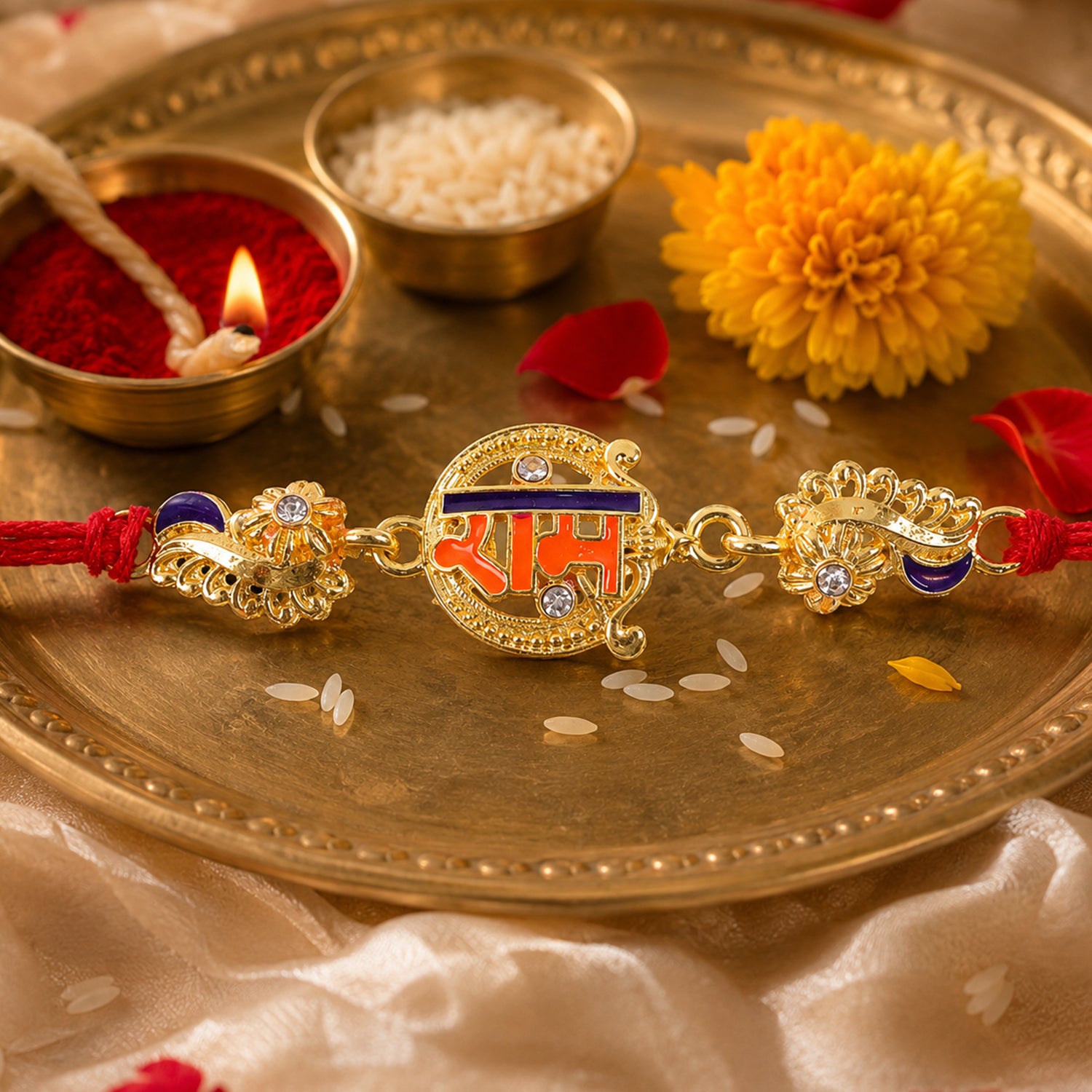 Elegant Rakhi with Ram Plaque, crystal accents and wrist style for Raksha Bandhan