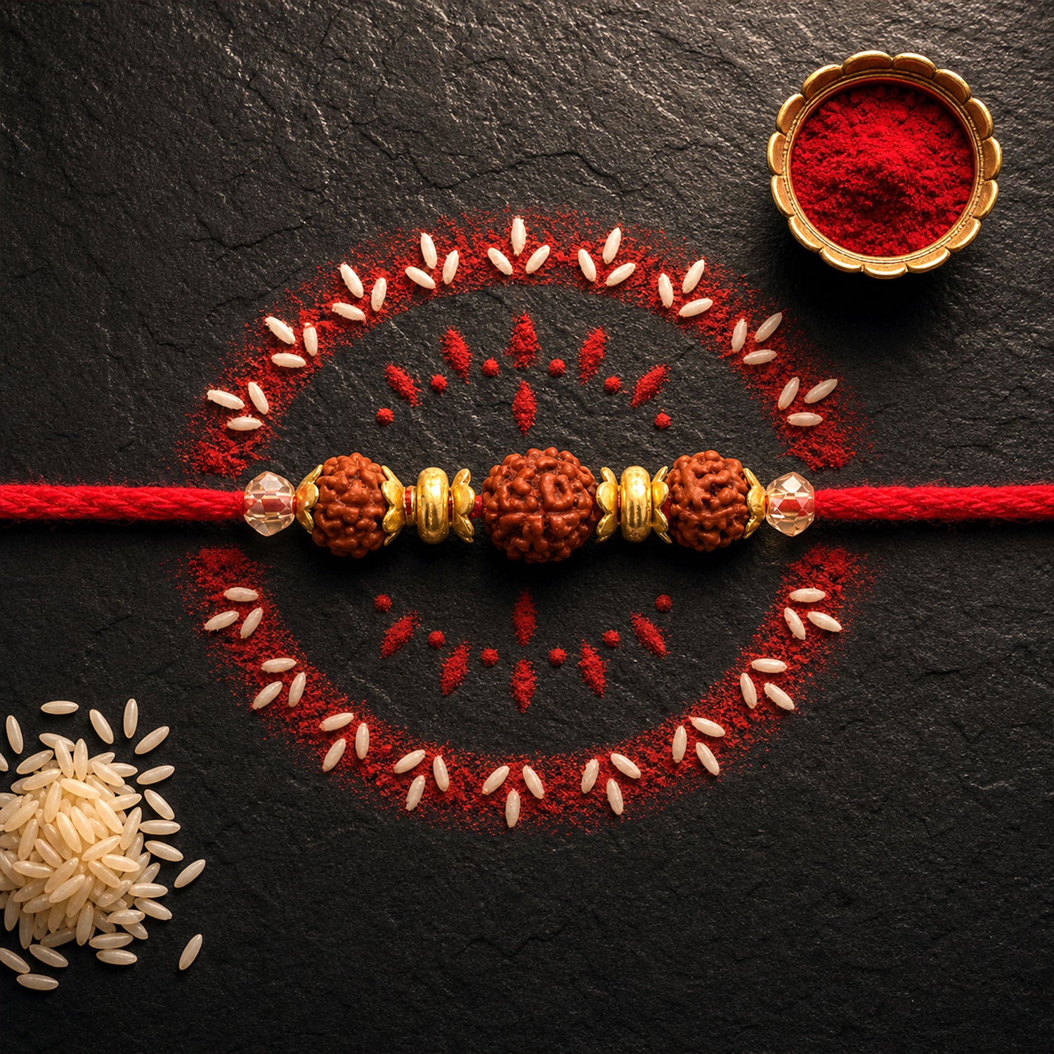 Red Thread Rakhi with Triple Natural Rudraksha Bead Pendant