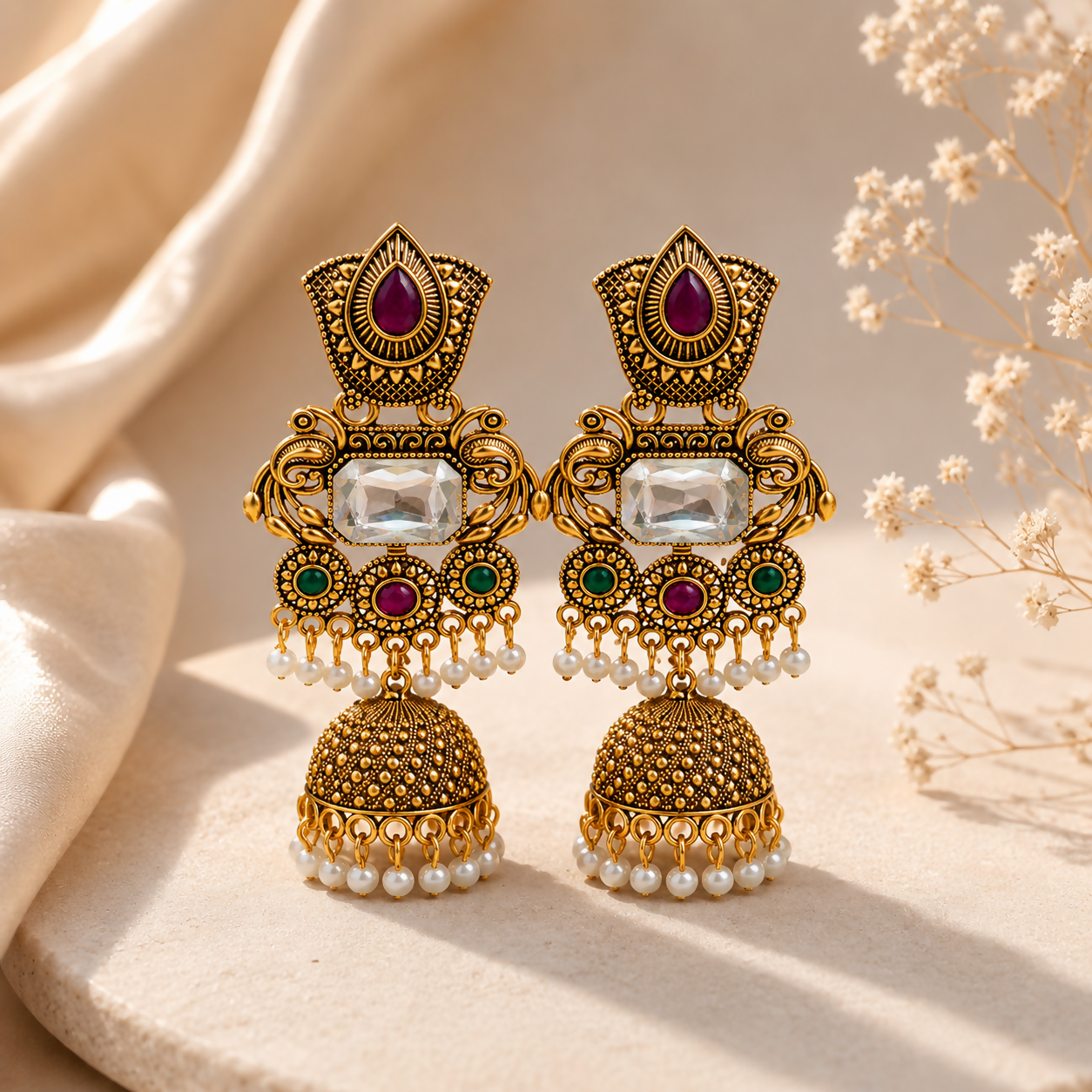 Close-up of Kundan and stone work on gold plated jhumka earrings