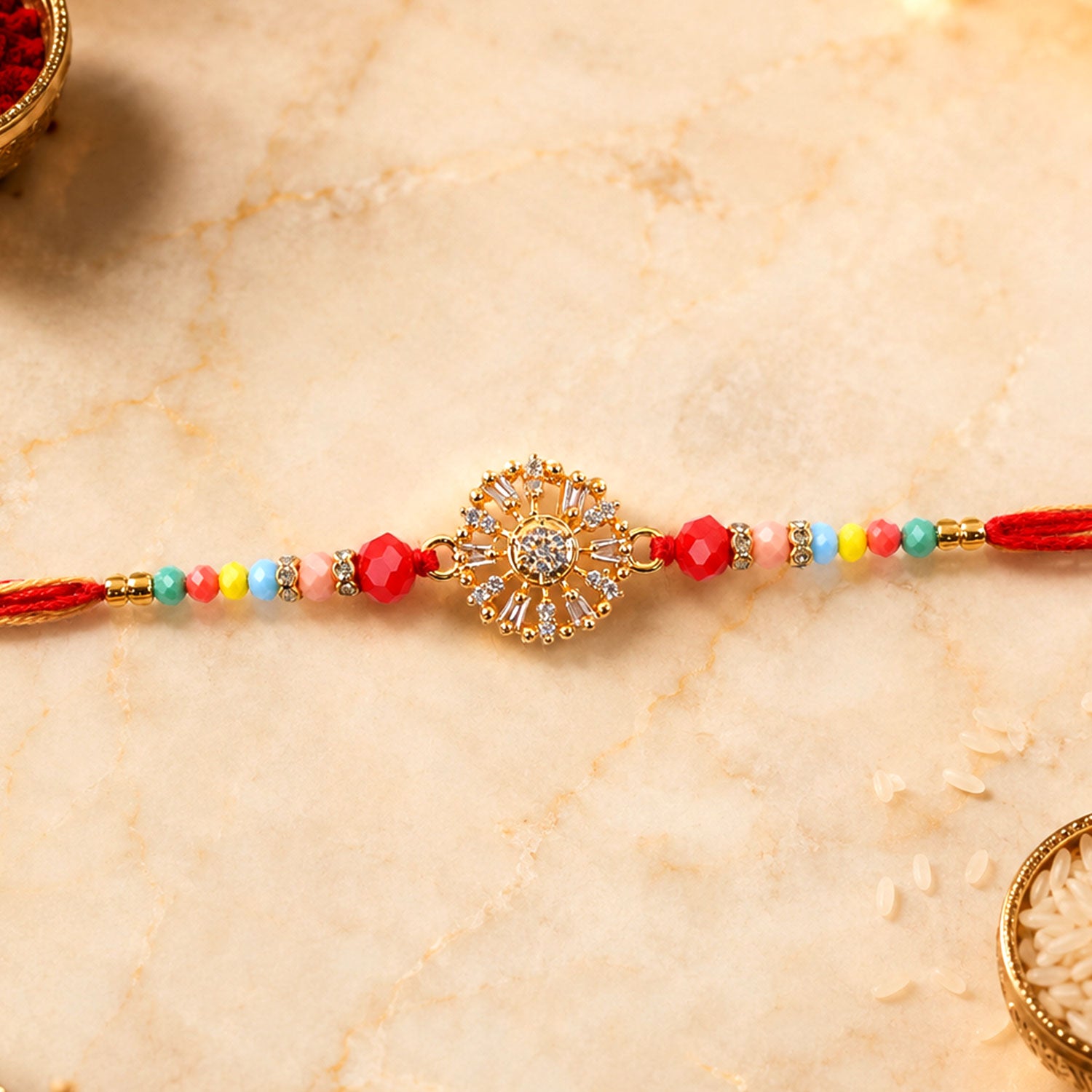 Sparkling AD Sunflower Designer Rakhi for Brother, Multicolour Beads